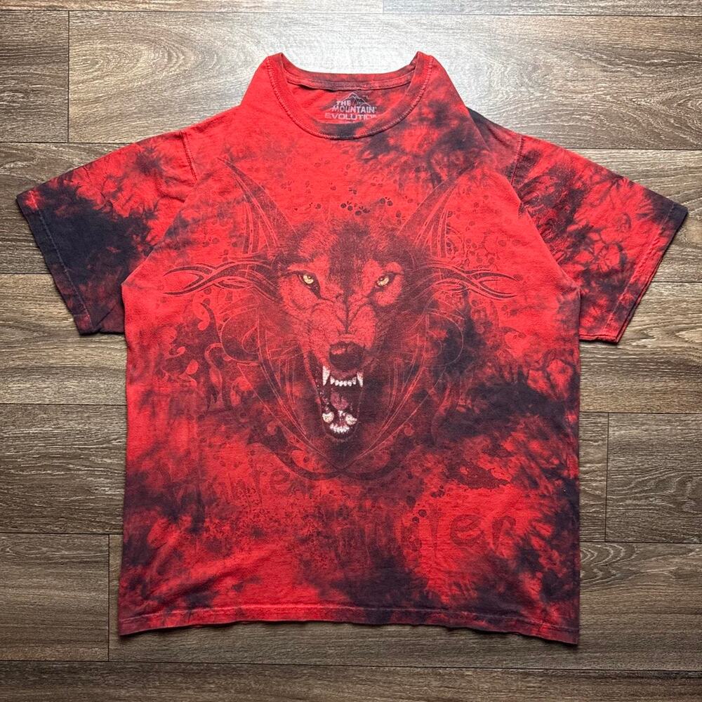 Y2K Red/Black Tie-Dye Wolf Graphic Tee with Tribal Designs & Hidden Message